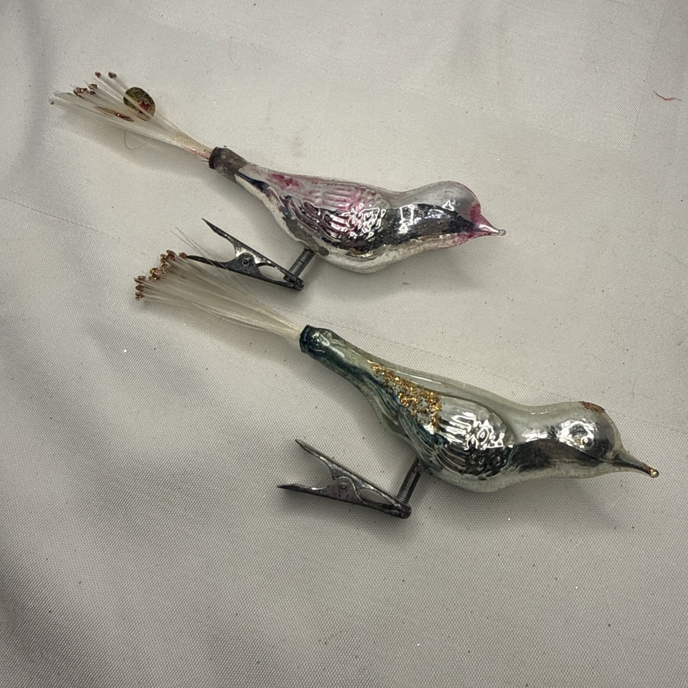 VTG Mercury Glass Clip on Bird Christmas Ornaments Spun Glass Tail 2 MCM